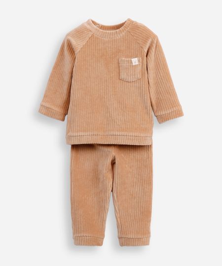 conjunto infantil longo de plush texturizado bege 0-3