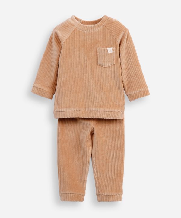 conjunto infantil longo de plush texturizado bege 18-24