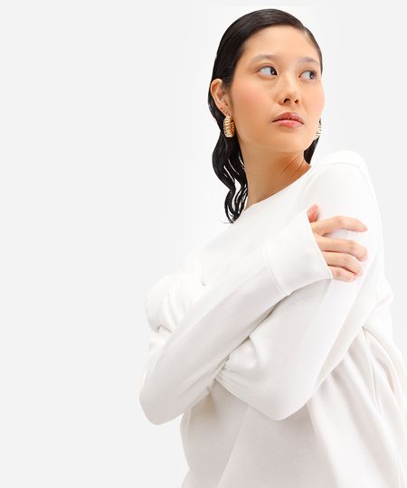 blusa básica feminina de moletom manga longa off white P