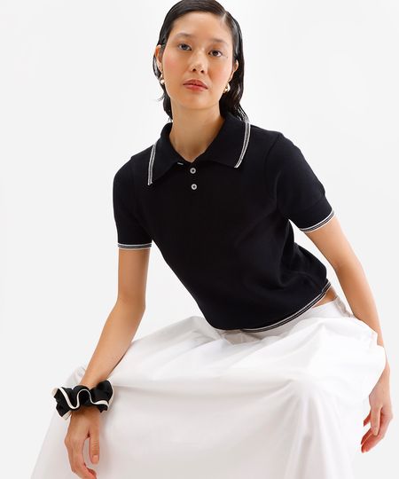 polo feminina de tricot manga curta preta PP