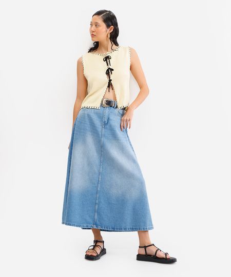 saia longa feminina evasê jeans azul 34
