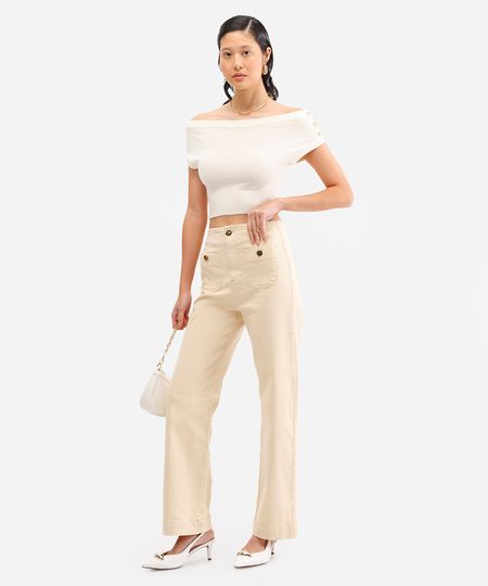 calça wide leg slim feminina de sarja com bolsos bege 46