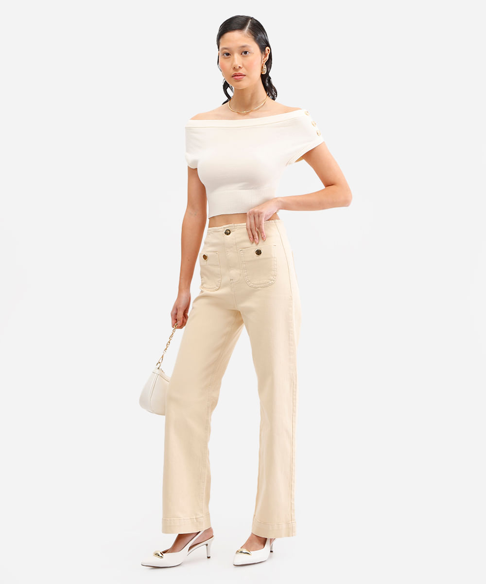 calça wide leg slim feminina de sarja com bolsos bege