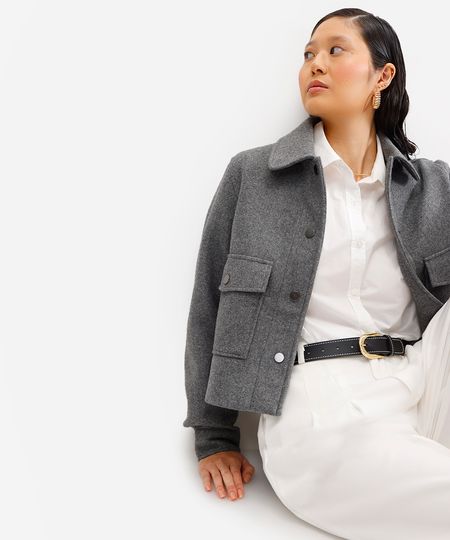 jaqueta feminina texturizada manga longa cinza P