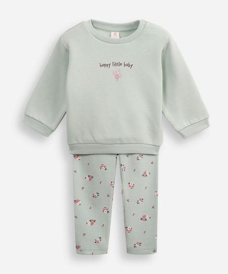 conjunto infantil longo de moletom happy little baby floral verde 3-6