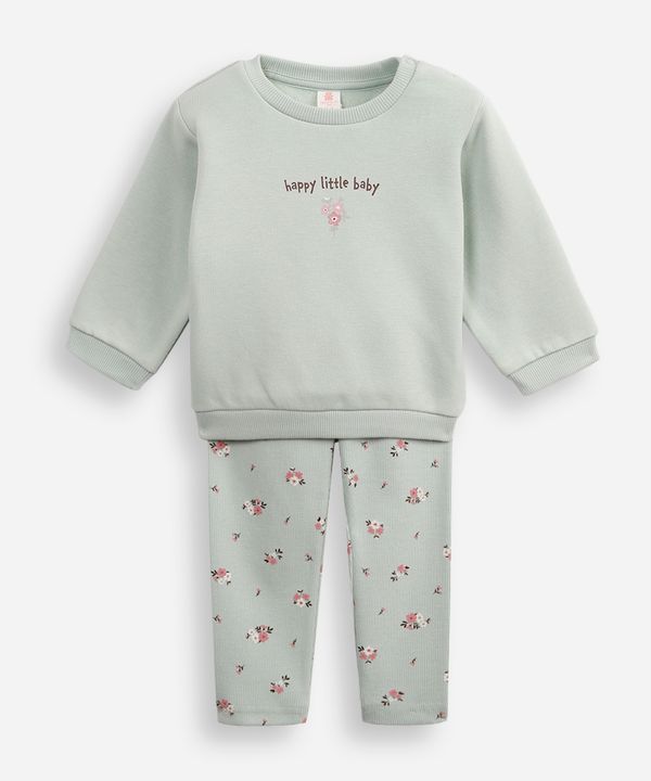 conjunto infantil longo de moletom happy little baby floral verde 12-18
