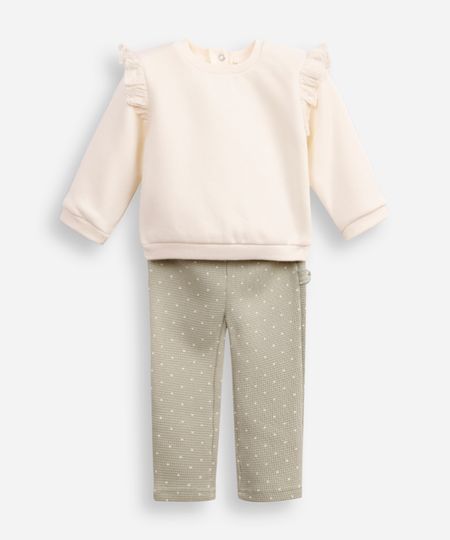 conjunto infantil longo de moletom poá e babado off white 0-3