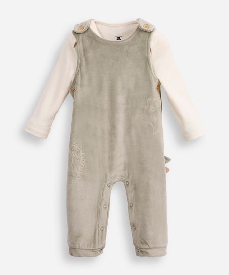 jardineira longa infantil de plush com blusa dinossauro verde 6-9