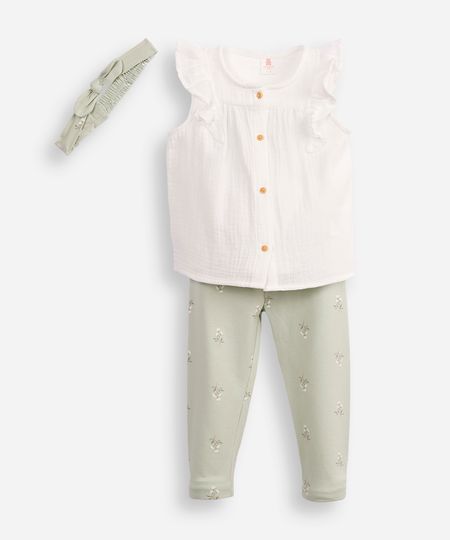 conjunto infantil de algodão floral com tiara verde 9-12