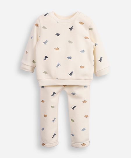 conjunto infantil longo de moletom dinossauro off white 0-3