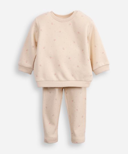 conjunto infantil longo de moletom floral bege 3-6