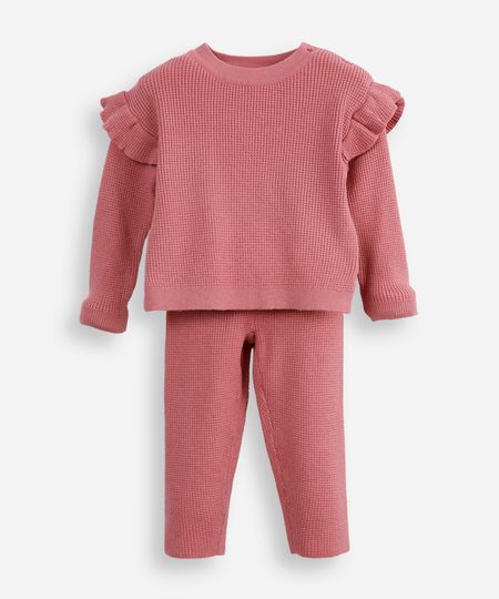 conjunto infantil longo de tricot texturizado com babado rosa 5