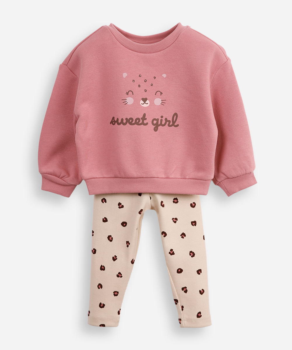 conjunto infantil longo de moletom animal print rosa