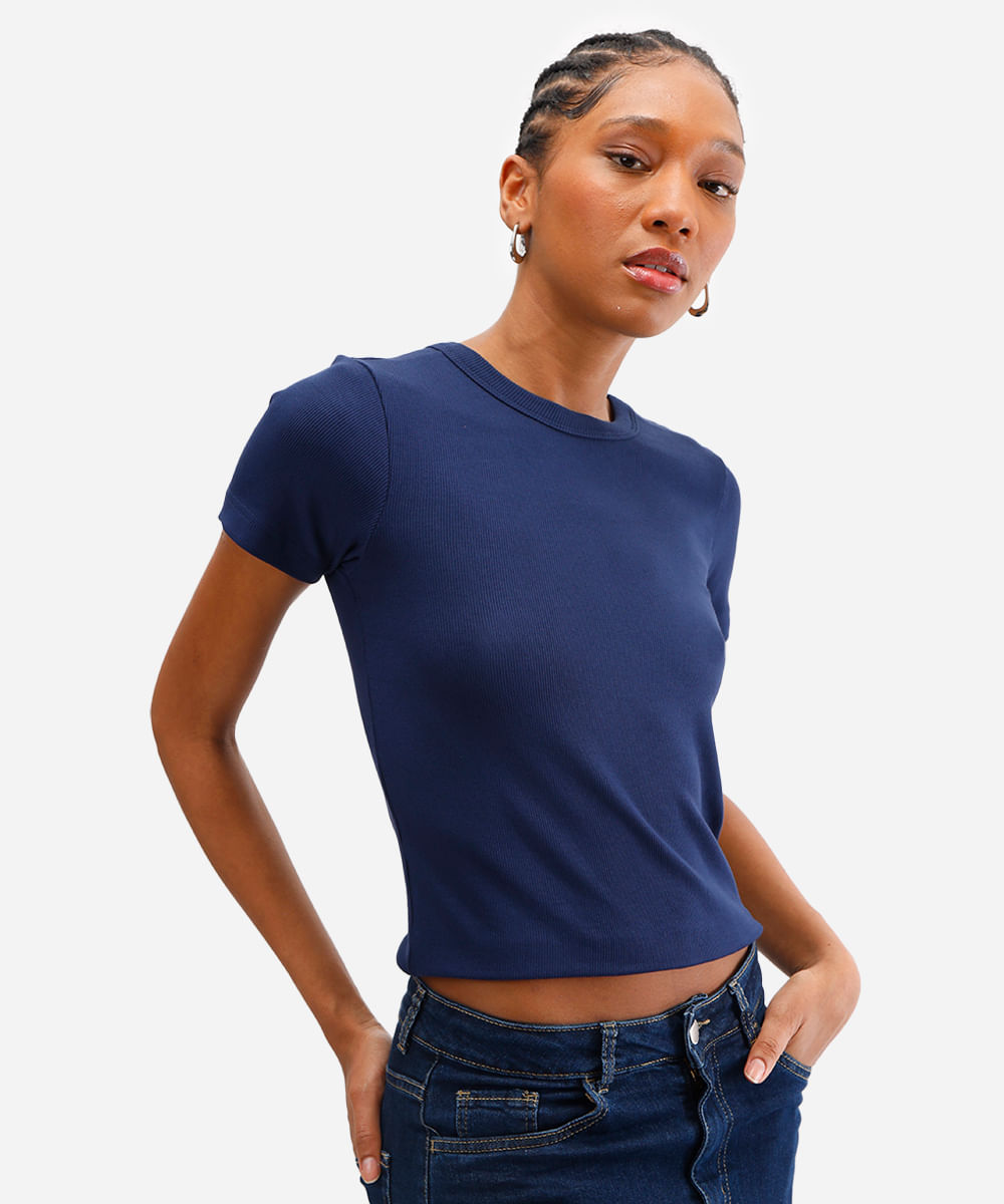 blusa feminina de viscose canelada azul