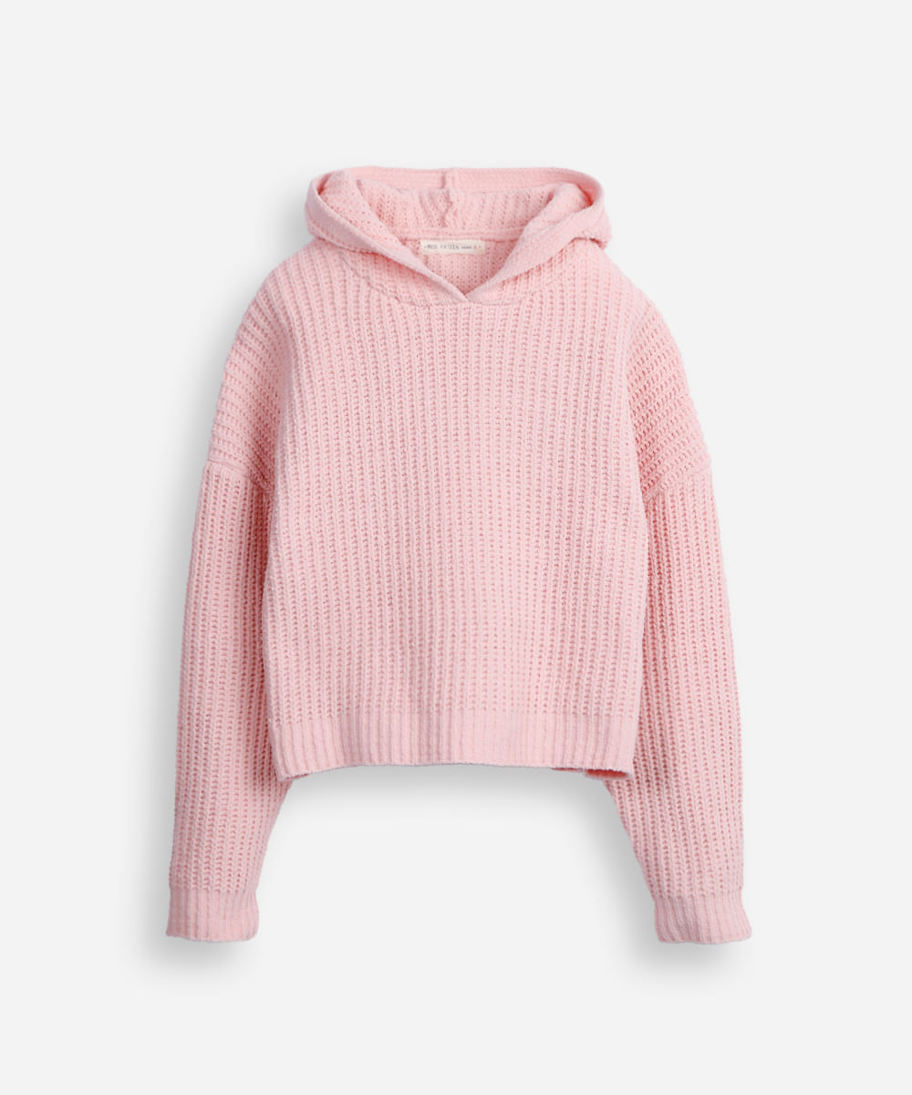 blusão juvenil de tricot com capuz rosa