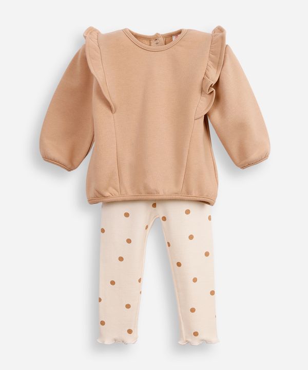 conjunto infantil longo de moletom com babado bege 6-9