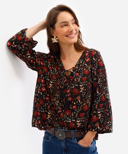 bata feminina de viscose manga bufante floral preta GG