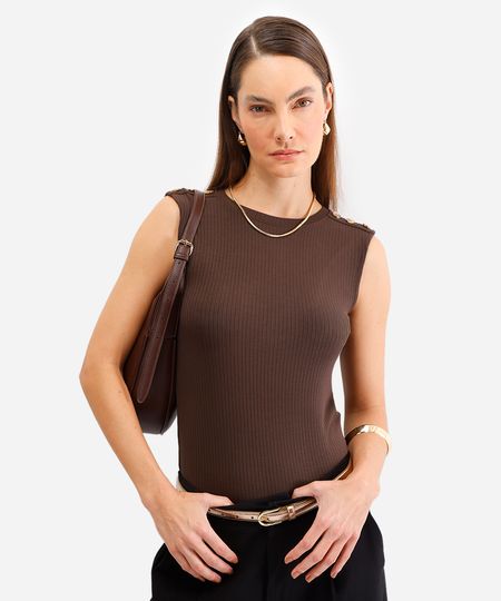 regata de viscose com botões canelada marrom PP regata de viscose com botões canelada marrom PP