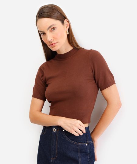 blusa feminina de tricot manga curta marrom PP