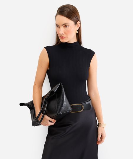 body feminino de poliamida gola alta canelado preto M