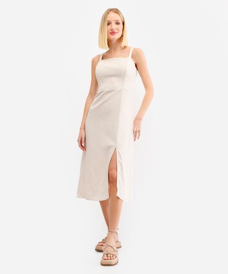 vestido midi feminino com linho e fenda bege PP