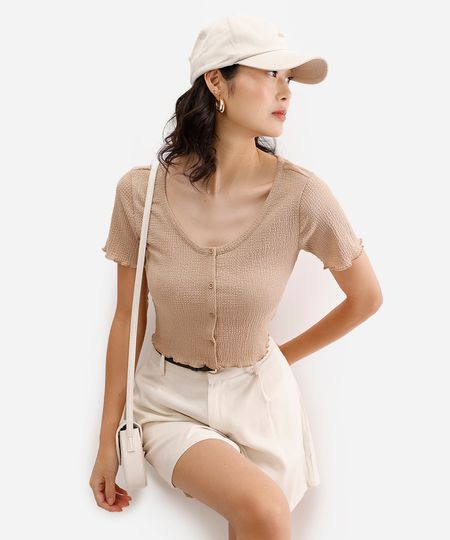 blusa texturizada com botões frufru bege M
