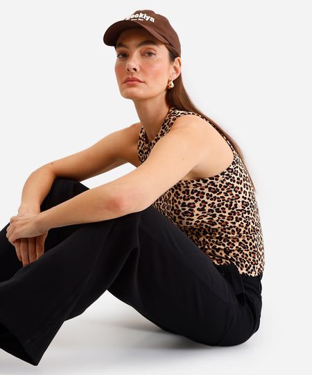 regata feminina halterneck animal print bege P