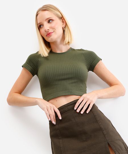 cropped básico feminino de poliamida canelado verde M