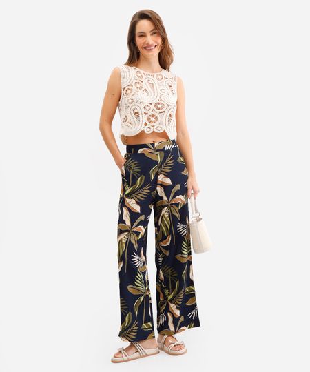 calça wide leg feminina folhagens texturizada azul PP