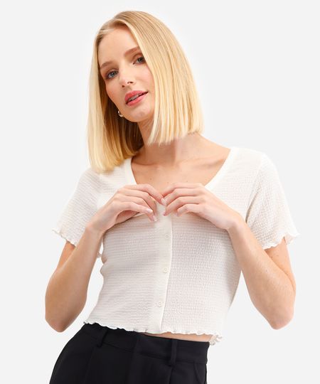 blusa texturizada com botões frufru off white PP