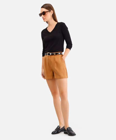 short de viscose alfaiataria cintura alta com elástico - bege medio 34 short de viscose alfaiataria cintura alta com elástico - bege medio 34