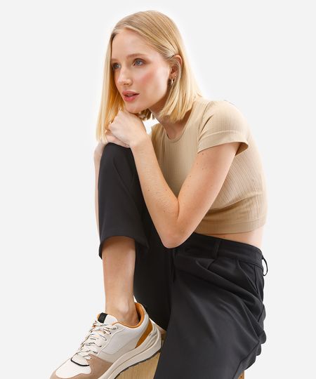 cropped básico feminino de poliamida canelado bege G cropped básico feminino de poliamida canelado bege G