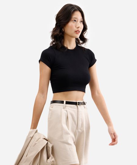 cropped básico feminino de poliamida canelado preto P cropped básico feminino de poliamida canelado preto P