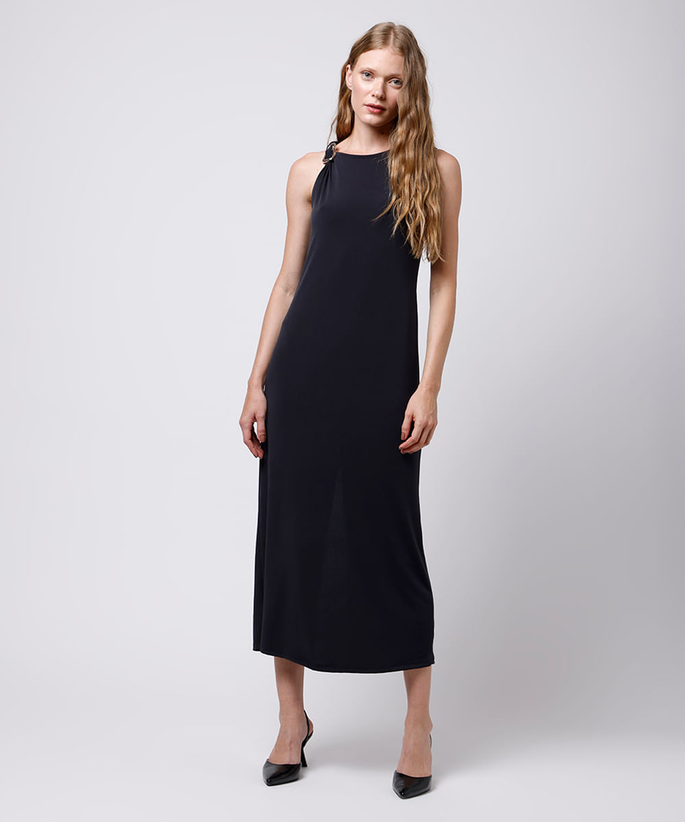 vestido longo feminino alça torcida mindset preto
