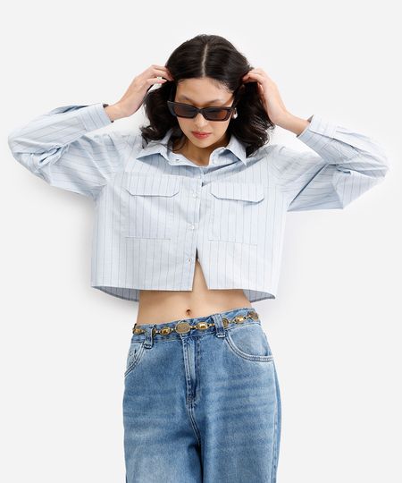 camisa cropped feminina de algodão listrada azul PP