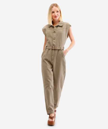 macacão feminino de sarja com cinto verde PP