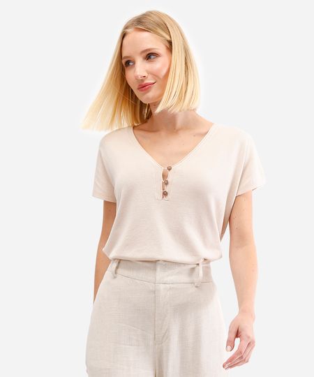 blusa feminina de tricot decote v bege PP