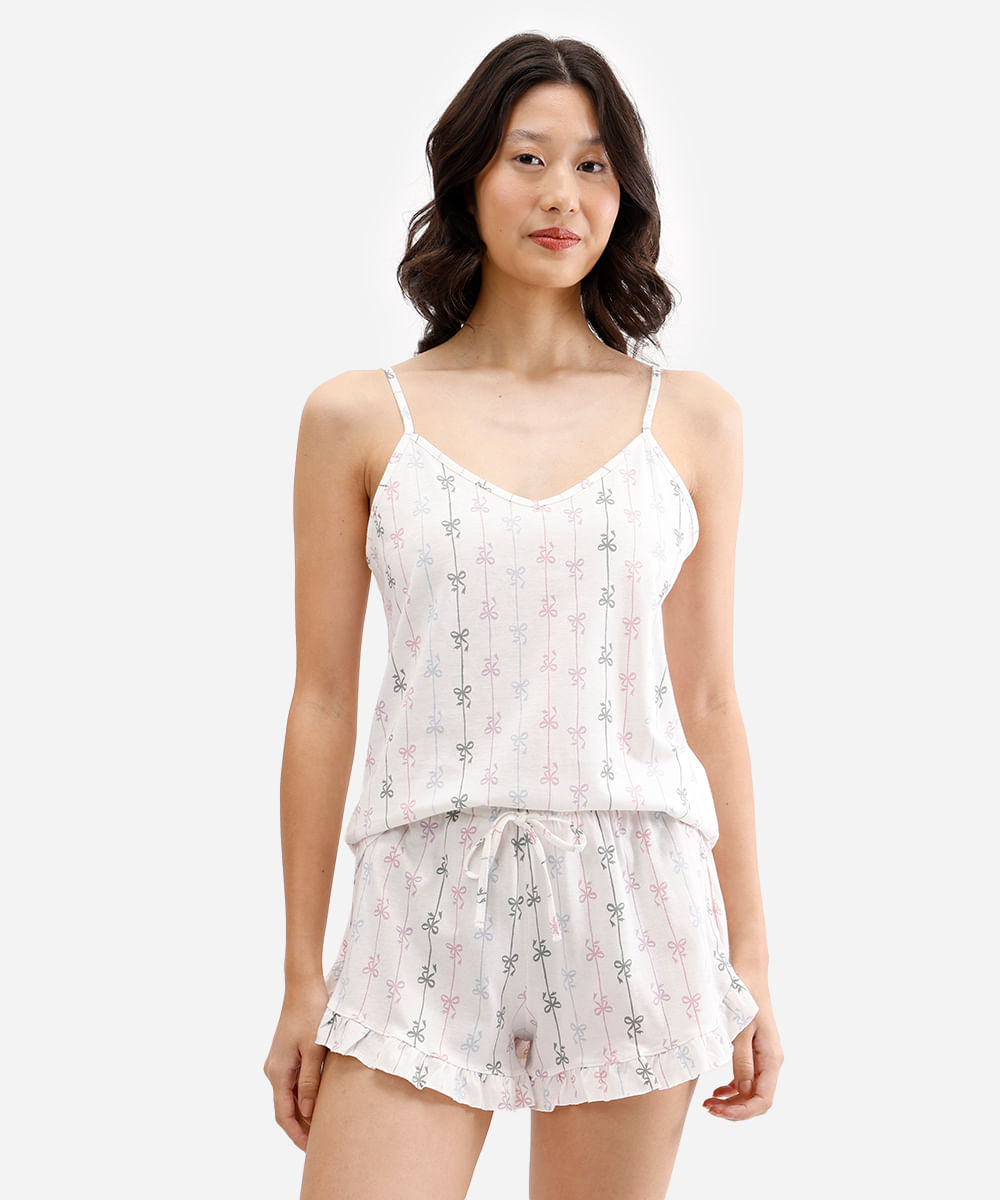 short doll feminino de algodão laços off white