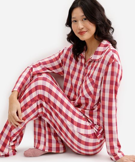 pijama americano longo xadrez rosa PP
