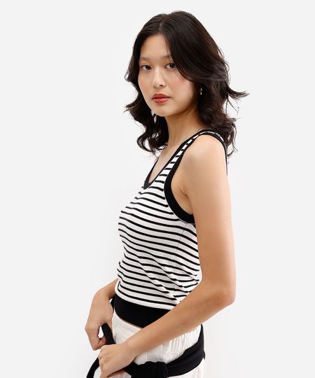 regata feminina de tricot listrada off white PP regata feminina de tricot listrada off white PP