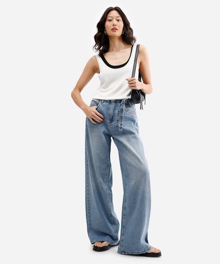calça oversized feminina jeans destroyed com faixa azul 36
