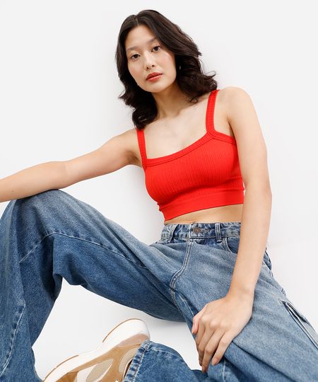 cropped feminino de poliamida canelado vermelho P