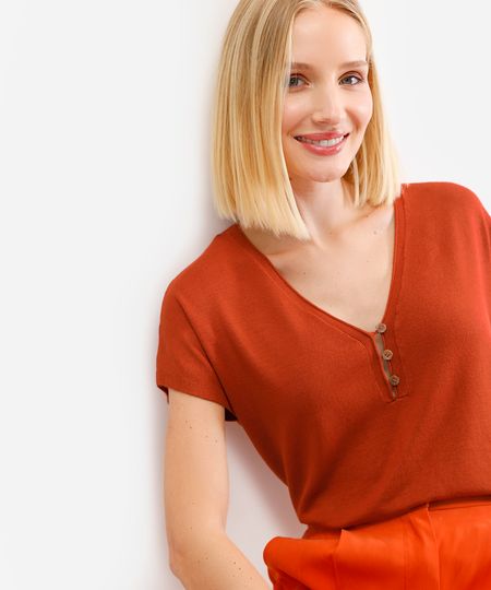 blusa feminina de tricot decote v laranja P