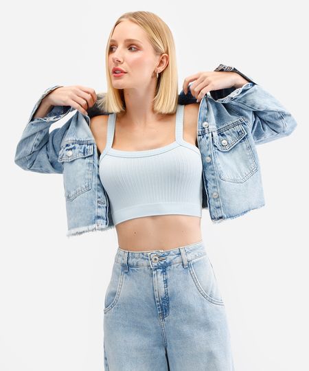 cropped feminino de poliamida canelado azul G