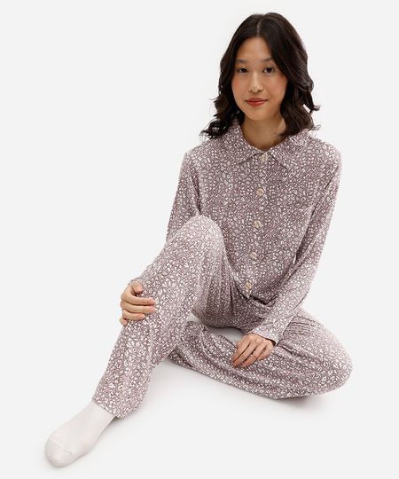 pijama americano feminino longo floral lilás P