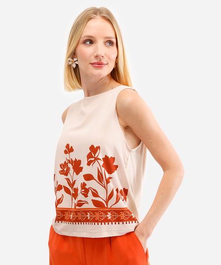 regata feminina de viscose floral bege PP