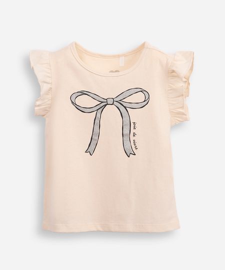 blusa de algodão infantil babado e lacinho bege 2