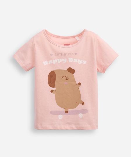 camiseta de algodão infantil capivara happy days rosa 1