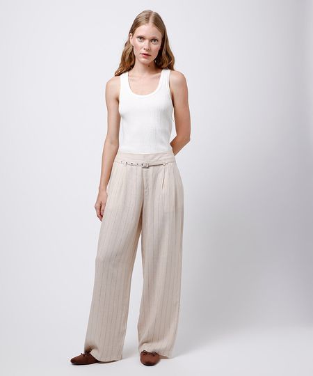 calça wide leg alfaiataria com linho listrada mindset bege 40 calça wide leg alfaiataria com linho listrada mindset bege 40