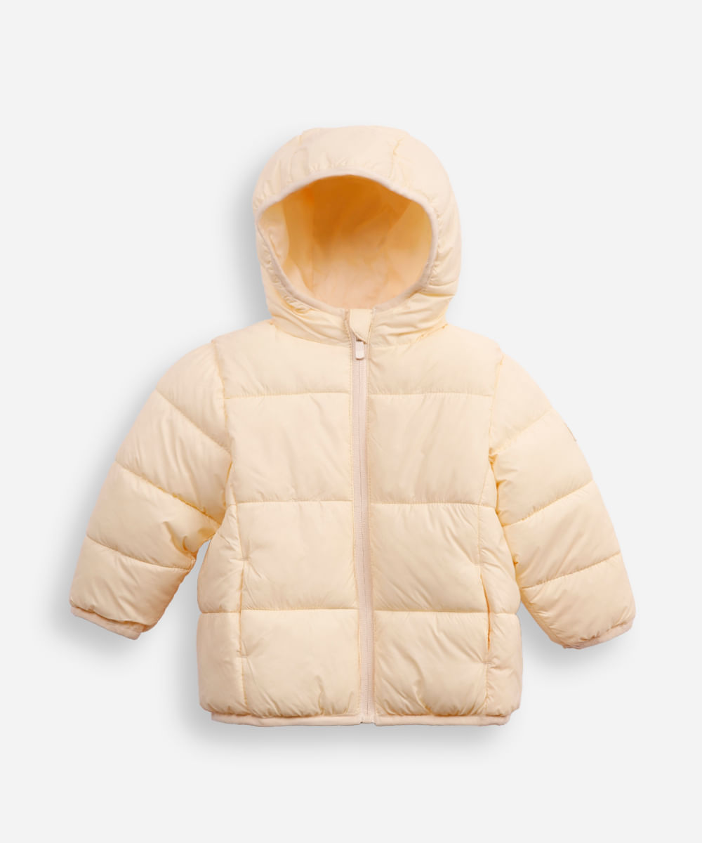 jaqueta puffer infantil com capuz bege